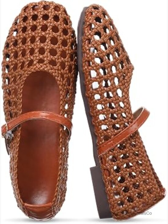 Shoes - Woven Mary Jane Flats Ballet Mesh Square Toe Buckle Strap Work Flats Comfort